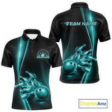 Load image into Gallery viewer, Front and back view mens bowling polo shirt mockup, black base with turquoise blue bowling ball and pins graphic, studio product presentation