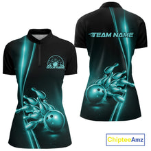 Load image into Gallery viewer, Front and back view of a womens black bowling quarter-zip shirt mockup featuring a turquoise blue bowling ball and pins design with clean sporty styling.