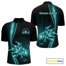 Load image into Gallery viewer, Front and back view of a mens black bowling quarter-zip shirt mockup featuring turquoise blue bowling ball and pins design with clean athletic graphics.
