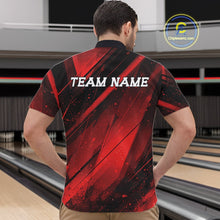 Load image into Gallery viewer, Person wearing a red and black bowling shirt with 'TEAM NAME' text at a bowling alley.