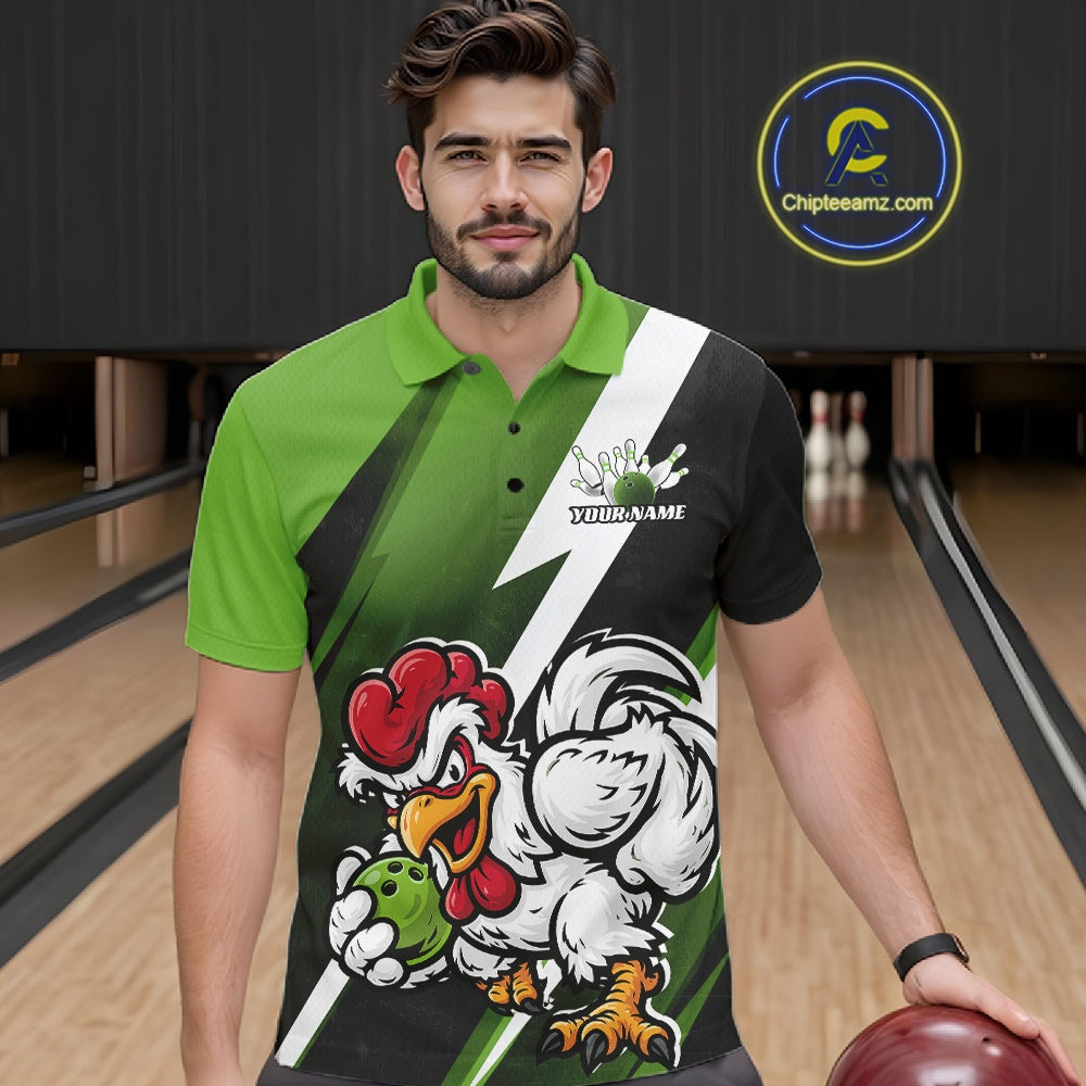 Custom Green Funny Bold Confident Chicken Bowling Shirt For Men, Bowling Jerseys IPHW11624
