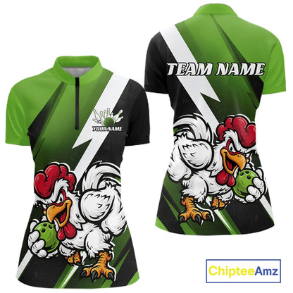 Custom Green Funny Bold Confident Chicken Bowling Shirt For Women, Bowling Jerseys IPHW11624