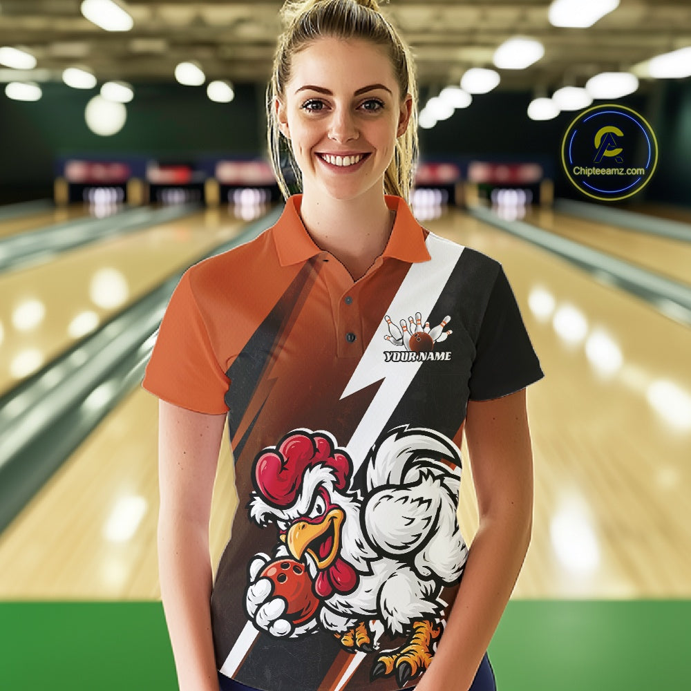 Custom Orange Funny Bold Confident Chicken Bowling Shirt For Women, Bowling Jerseys IPHW11625