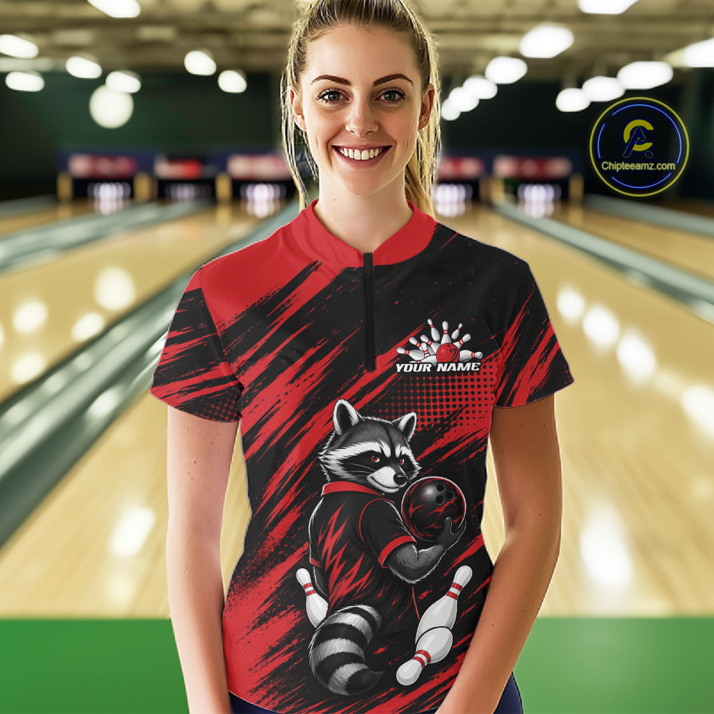 Custom Black And Red Cool Raccoon Bowling Jersey, Funny Bowling Women Quarter-Zip Shirt IPHW11861