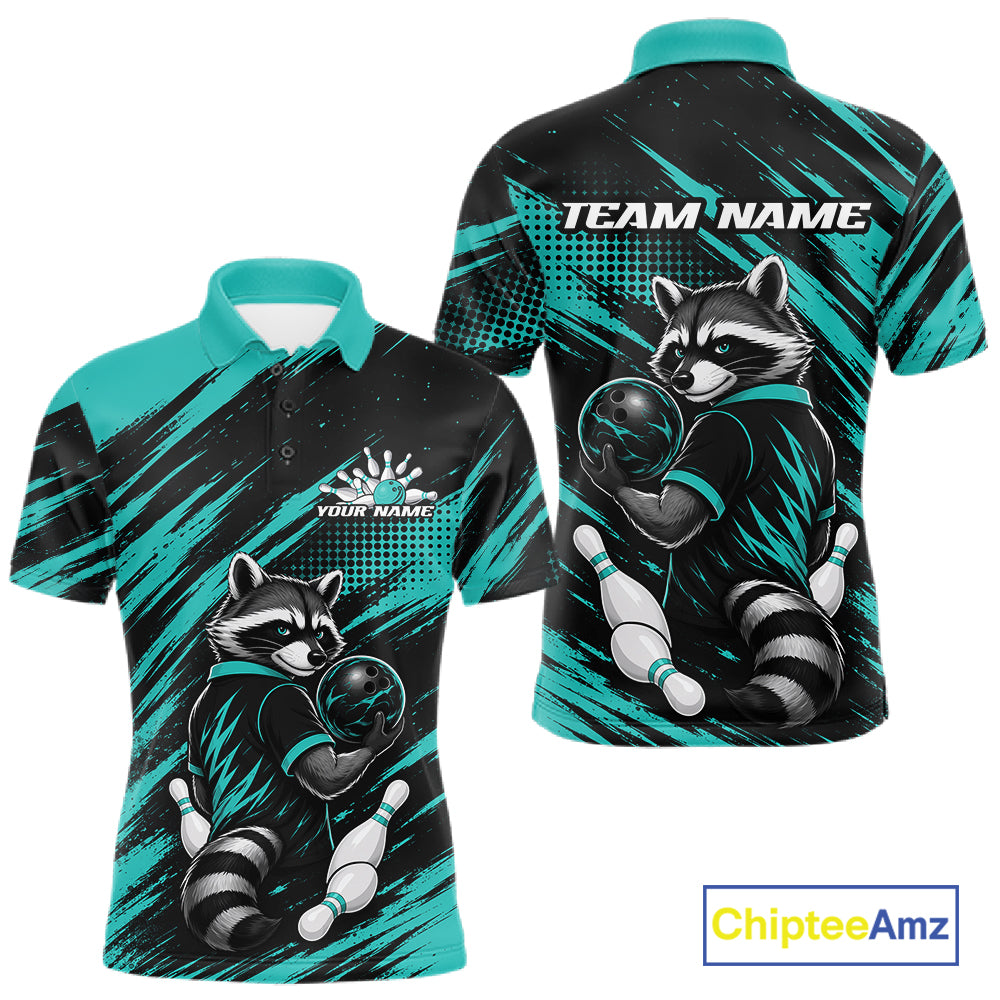 Custom Turquoise Blue Cool Looking Raccoon Bowling Jersey, Funny Bowling Men Polo Shirt IPHW11862