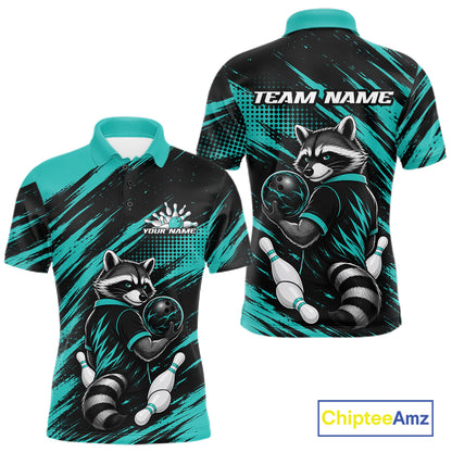 Custom Turquoise Blue Cool Looking Raccoon Bowling Jersey, Funny Bowling Men Polo Shirt IPHW11862