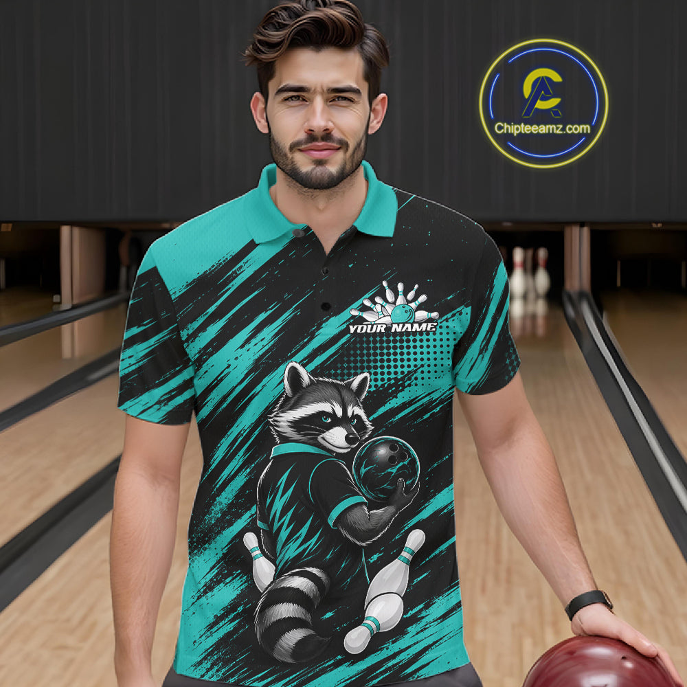 Custom Turquoise Blue Cool Looking Raccoon Bowling Jersey, Funny Bowling Men Polo Shirt IPHW11862