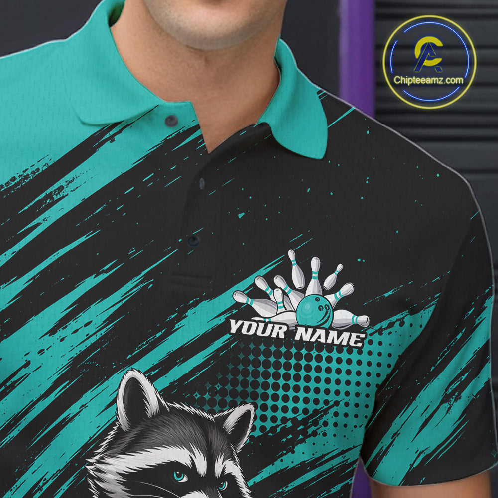 Custom Turquoise Blue Cool Looking Raccoon Bowling Jersey, Funny Bowling Men Polo Shirt IPHW11862