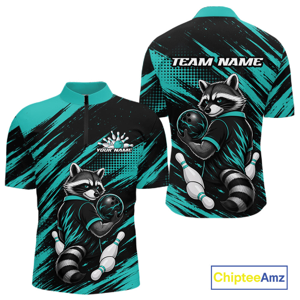 Front and back views of a short-sleeve quarter-zip cycling jersey featuring a raccoon bowling graphic on a black and teal abstract background. The front shows a small white chest logo with placeholder text, and the back displays 'TEAM NAME' in white.