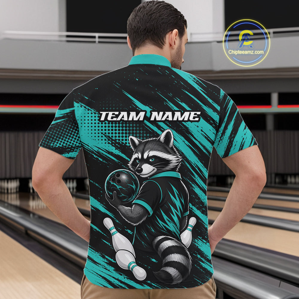 Custom Turquoise Blue Cool Looking Raccoon Bowling Jersey, Funny Bowling Men Quarter Zip Shirt IPHW11862