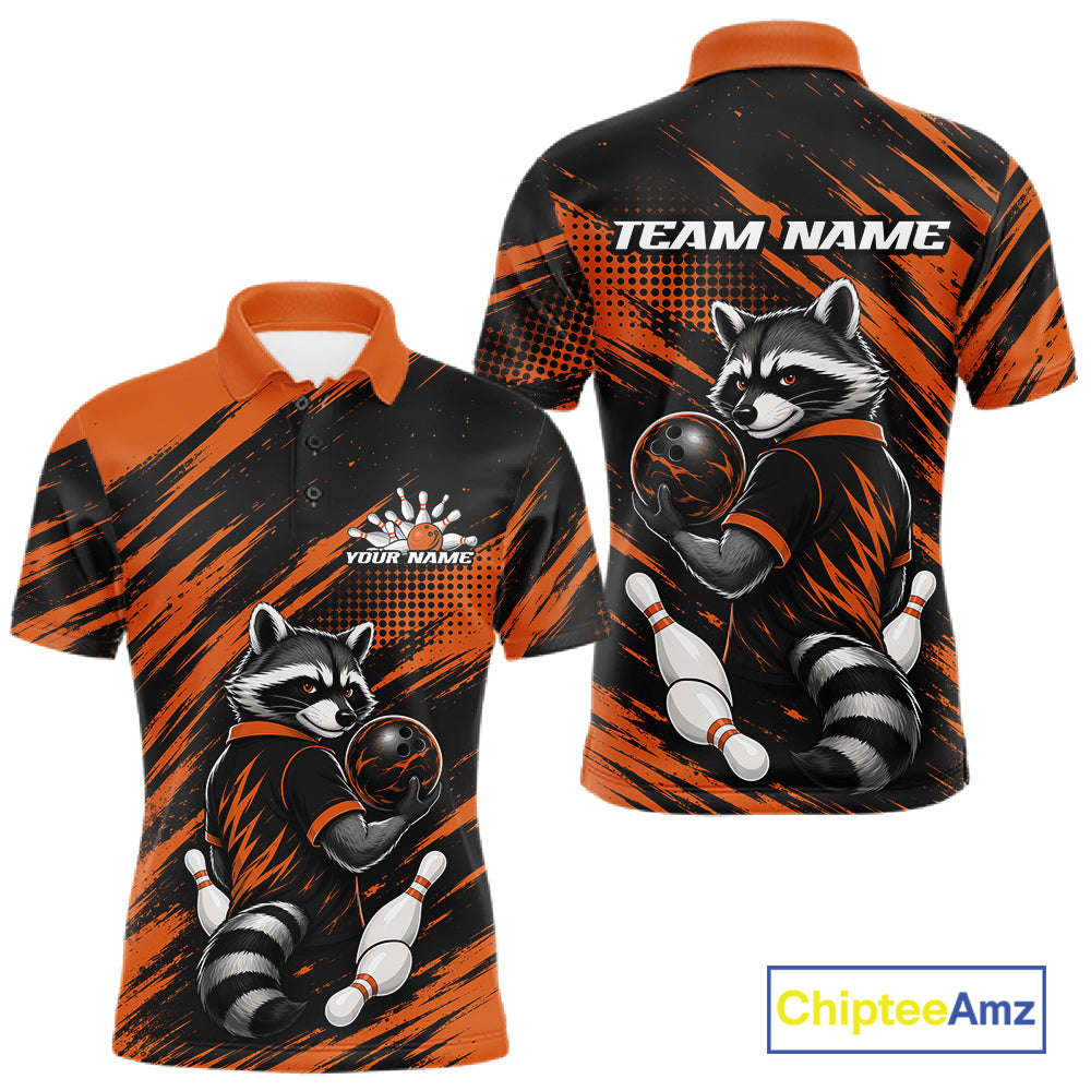 Front and back views of a custom short-sleeve polo shirt featuring an all-over raccoon bowling graphic in orange, black, and white, with customizable text placeholders 'TEAM NAME' and 'YOUR NAME'.