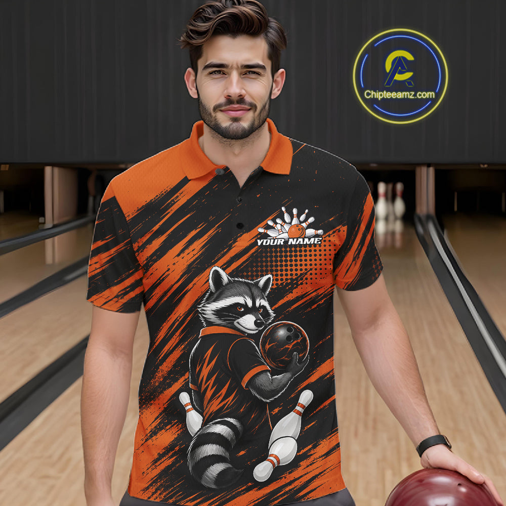 Custom Black And Orange Cool Looking Raccoon Bowling Jersey, Funny Bowling Men Polo Shirt IPHW11863