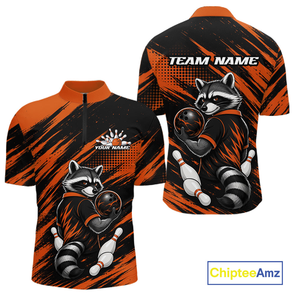 Front and back views of a short-sleeve quarter-zip athletic shirt in black and orange, featuring a raccoon bowling graphic, customizable text areas, and a ChipteeAmz logo watermark.