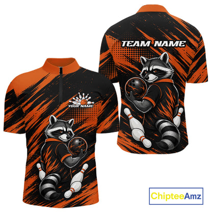 Front and back views of a short-sleeve quarter-zip athletic shirt in black and orange, featuring a raccoon bowling graphic, customizable text areas, and a ChipteeAmz logo watermark.