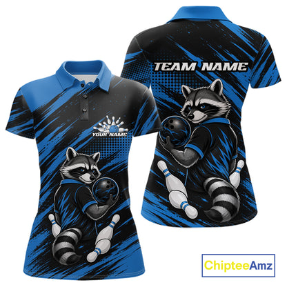 Custom short-sleeve polo shirt shown from the front and back, featuring a raccoon bowling graphic in blue, black, and white, with 'TEAM NAME' placeholder text on the back and 'YOUR NAME' on the front. A ChipteeAmz logo is visible in the bottom right corner.