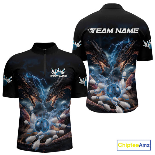 Custom Blue Lightning Flame Dragons Bowling Men Quarter-Zip Shirt, Fire Dragon Bowling Jerseys IPHW9815