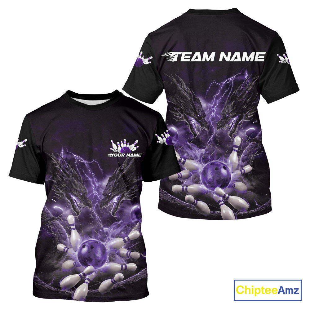 Custom Purple Lightning Flame Dragons Bowling Men T-Shirts Shirt, Fire Dragon Bowling Jerseys IPHW9817