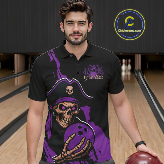 Custom Black And Purple Pirate Bowling Men Polo Shirt, Pirate Bowling Team Jerseys IPHW10708