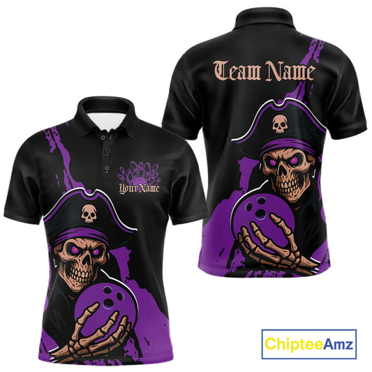 Custom Black And Purple Pirate Bowling Men Polo Shirt, Pirate Bowling Team Jerseys IPHW10708