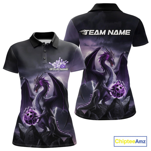 Custom Black And Purple Thunder Lightning Dragon Bowling Women Polo Shirts, Team Outfit IPHW9098