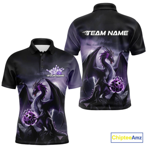 Custom Black And Purple Thunder Lightning Dragon Bowling Men Polo Shirts, Team Outfit IPHW9098