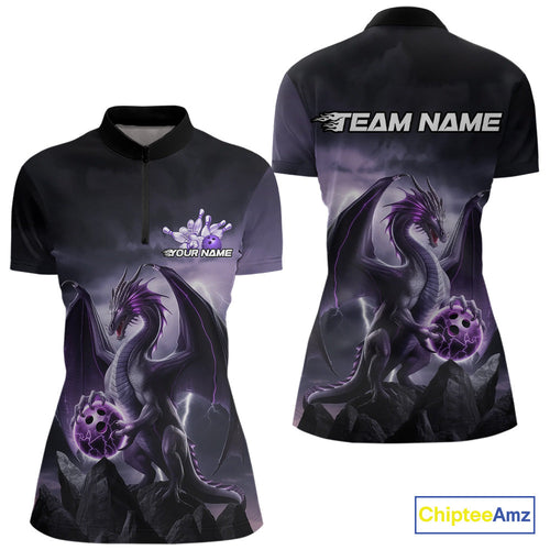 Custom Black And Purple Thunder Lightning Dragon Bowling Women Quarter-Zip Shirts IPHW9098