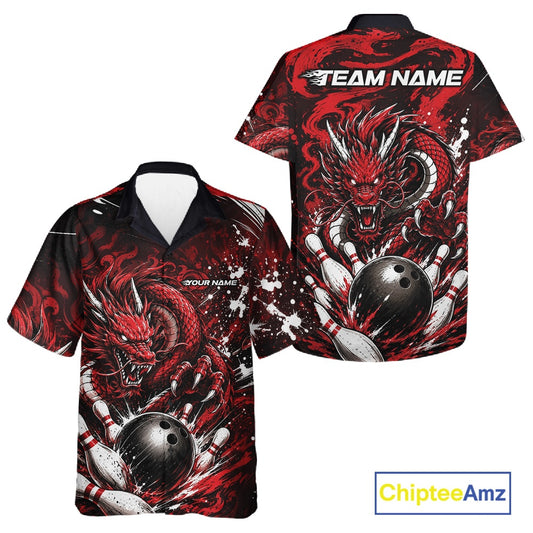 Bowling shirt with red dragon design on a white background, featuring 'Chiptee Amz' branding.