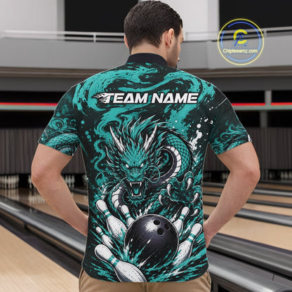 Man wearing a bowling shirt with a dragon design and 'Team Name' text at a bowling alley.