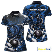 Load image into Gallery viewer, Blue dragon-themed polo shirt with customizable text on a white background