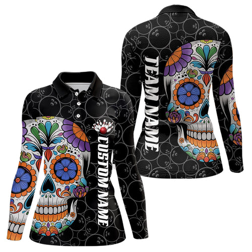 Custom Sugar Skull Bowling Long Sleeve Polo Shirts For Women, Halloween Bowling Team Shirts IPHW7426