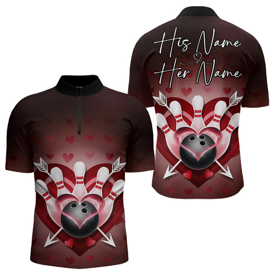 Custom Valentine Bowling Heart And Arrow Quarter-Zip Shirts For Men, Couple Bowling Outfits IPHW8368