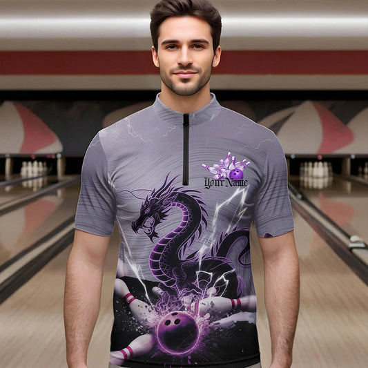 Custom Purple Thunder Lightning Dragon Bowling Quarter-Zip Shirts For Men, Bowling Team Uniform IPHW8558