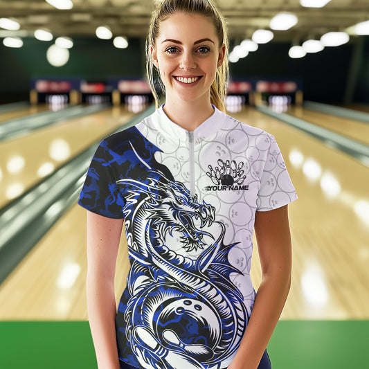 Custom Blue Camo Dragon Bowling Tattoo Women Quarter-Zip Shirt, Dragon Bowling League Shirt IPHW8884
