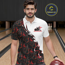 Load image into Gallery viewer, Front view of a male model in a bowling lane wearing a white polo shirt with red and black flame bowling pattern and dynamic bowling action visuals.
