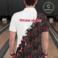 Load image into Gallery viewer, Back view of a male model in a bowling lane wearing a white polo shirt featuring red and black flame bowling pattern with energetic athletic styling.