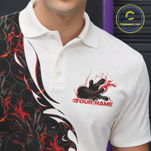 Load image into Gallery viewer, Close-up view of the left chest of a white bowling polo shirt showing red and black flame bowling pattern with detailed sporty design.