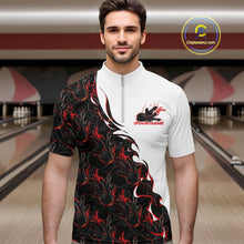 Load image into Gallery viewer, Male model in a bowling lane wearing white quarter zip shirt, front view featuring red and black flame bowling pattern with energetic sports artwork