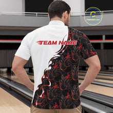 Load image into Gallery viewer, Male model at a bowling lane wearing white quarter zip shirt, front view showcasing red and black flame pattern with bold bowling-themed graphics