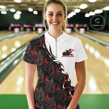 Load image into Gallery viewer, Front view of a female model in a bowling lane wearing a white quarter-zip shirt with red and black flame bowling pattern, featuring dynamic sporty bowling graphics.
