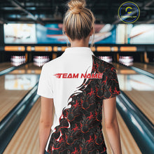Load image into Gallery viewer, Back view of a female model in a bowling lane wearing a white quarter-zip shirt with red and black flame bowling pattern and bold athletic bowling visuals.