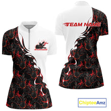 Load image into Gallery viewer, Front and back view of a womens white bowling quarter-zip shirt mockup showcasing red and black flame bowling pattern with bold dynamic sports styling.
