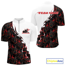 Load image into Gallery viewer, Mens quarter zip bowling shirt mockup displaying white shirt with red and black flame bowling pattern in a strong front and back design