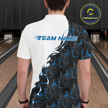 Load image into Gallery viewer, Back view of a male model in a bowling lane wearing a white polo shirt featuring blue and black flame bowling pattern with bold athletic styling.