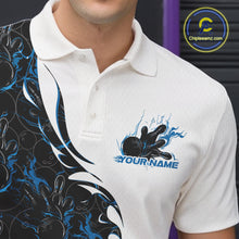 Load image into Gallery viewer, Close-up view of the left chest of a white bowling polo shirt showing blue and black flame bowling pattern with detailed sporty design elements.