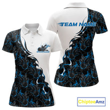 Load image into Gallery viewer, Front and back view of womens polo shirt mockup, white shirt featuring blue and black flame bowling pattern artwork, sporty apparel presentation