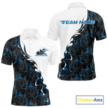 Load image into Gallery viewer, Front and back view of a white mens bowling polo shirt mockup featuring blue and black flame bowling pattern with dynamic sportswear design.