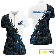 Load image into Gallery viewer, Front and back view of a womens white bowling quarter-zip shirt mockup featuring blue and black flame bowling pattern with energetic bowling-inspired graphics.