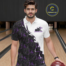 Load image into Gallery viewer, Front view of a male model in a bowling lane wearing a white polo shirt with purple and black flame bowling pattern and energetic bowling action graphics.