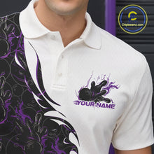 Load image into Gallery viewer, Close-up view of the left chest of a white bowling polo shirt showing purple and black flame bowling pattern with detailed sporty graphics.