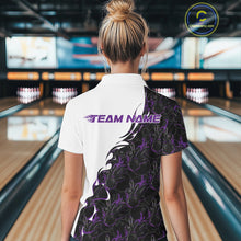 Load image into Gallery viewer, Back view of a female model in a bowling lane wearing a white polo shirt featuring purple and black flame bowling pattern with clean sporty bowling visuals.